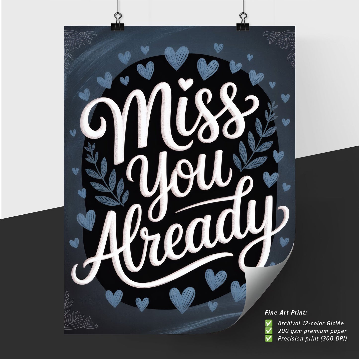 Heartfelt Typography Art with 'Miss You Already' Surrounded by Delicate Floral and Heart Illustrations.