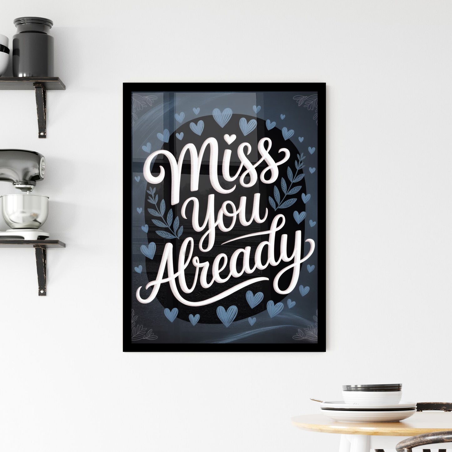 Heartfelt Typography Art with 'Miss You Already' Surrounded by Delicate Floral and Heart Illustrations. Framed Print