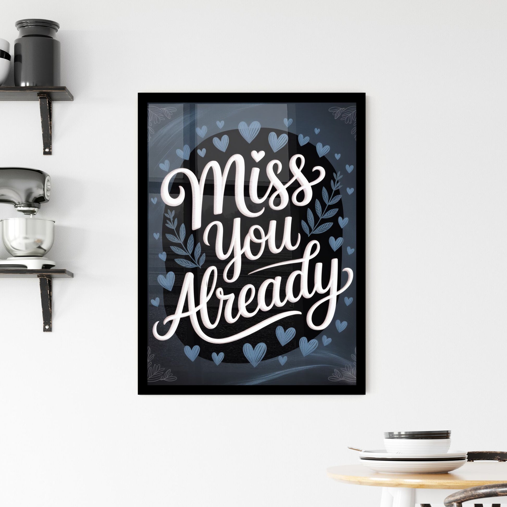 Heartfelt Typography Art with 'Miss You Already' Surrounded by Delicate Floral and Heart Illustrations. Framed Print
