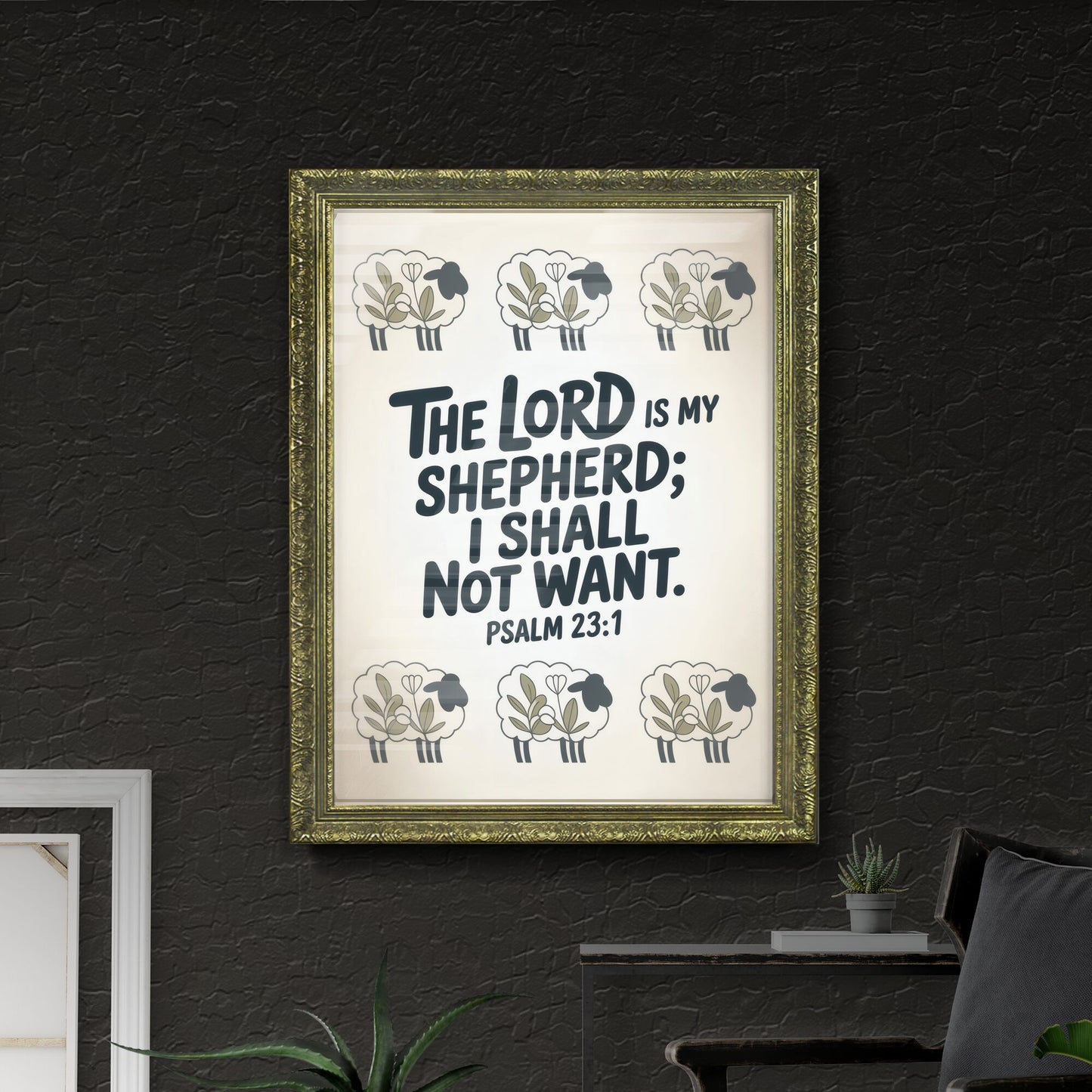 Heartwarming Bible Verse Art Featuring Sheep and Psalm 23:1 Inspiration for Home Decor or Spiritual Reflection.