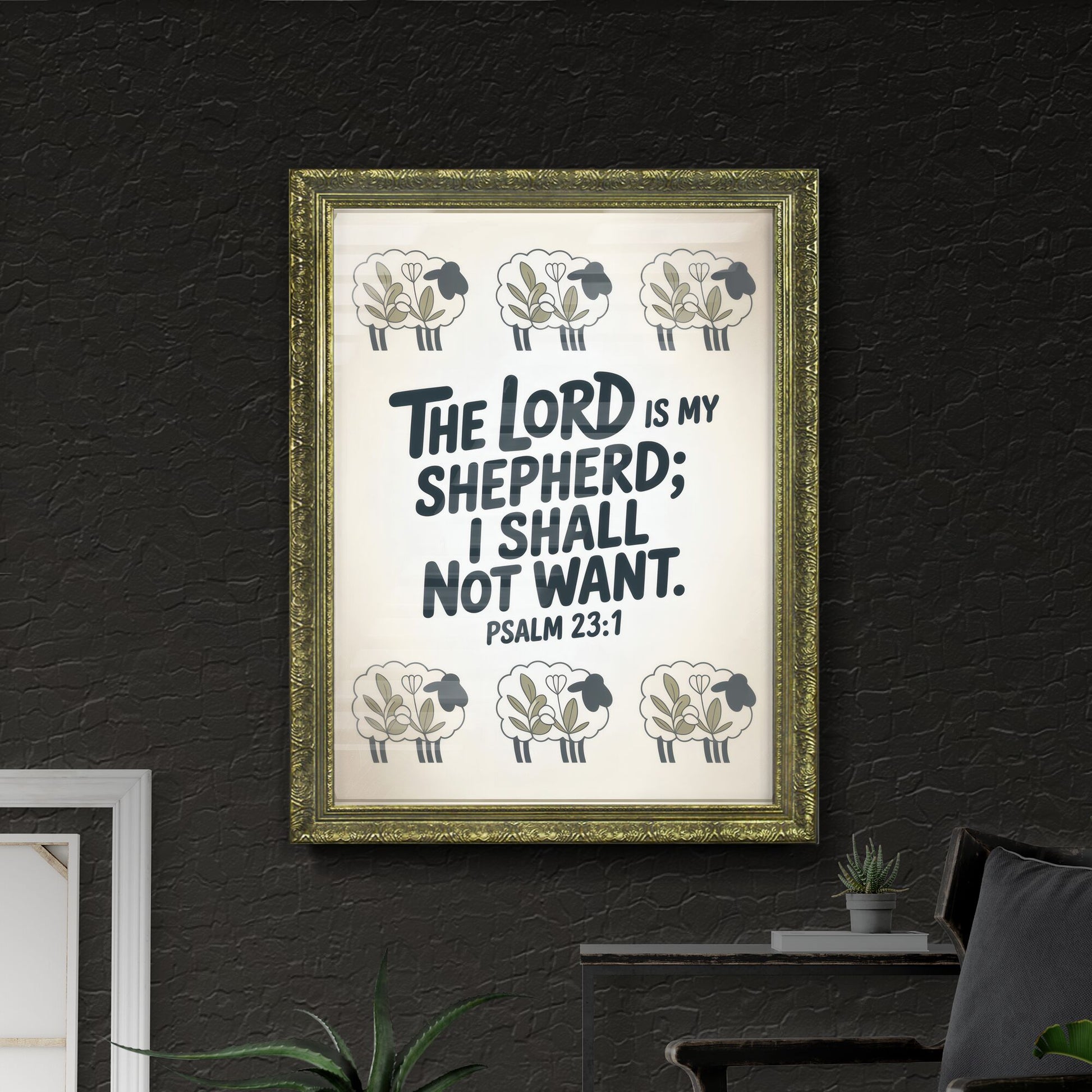 Heartwarming Bible Verse Art Featuring Sheep and Psalm 23:1 Inspiration for Home Decor or Spiritual Reflection.