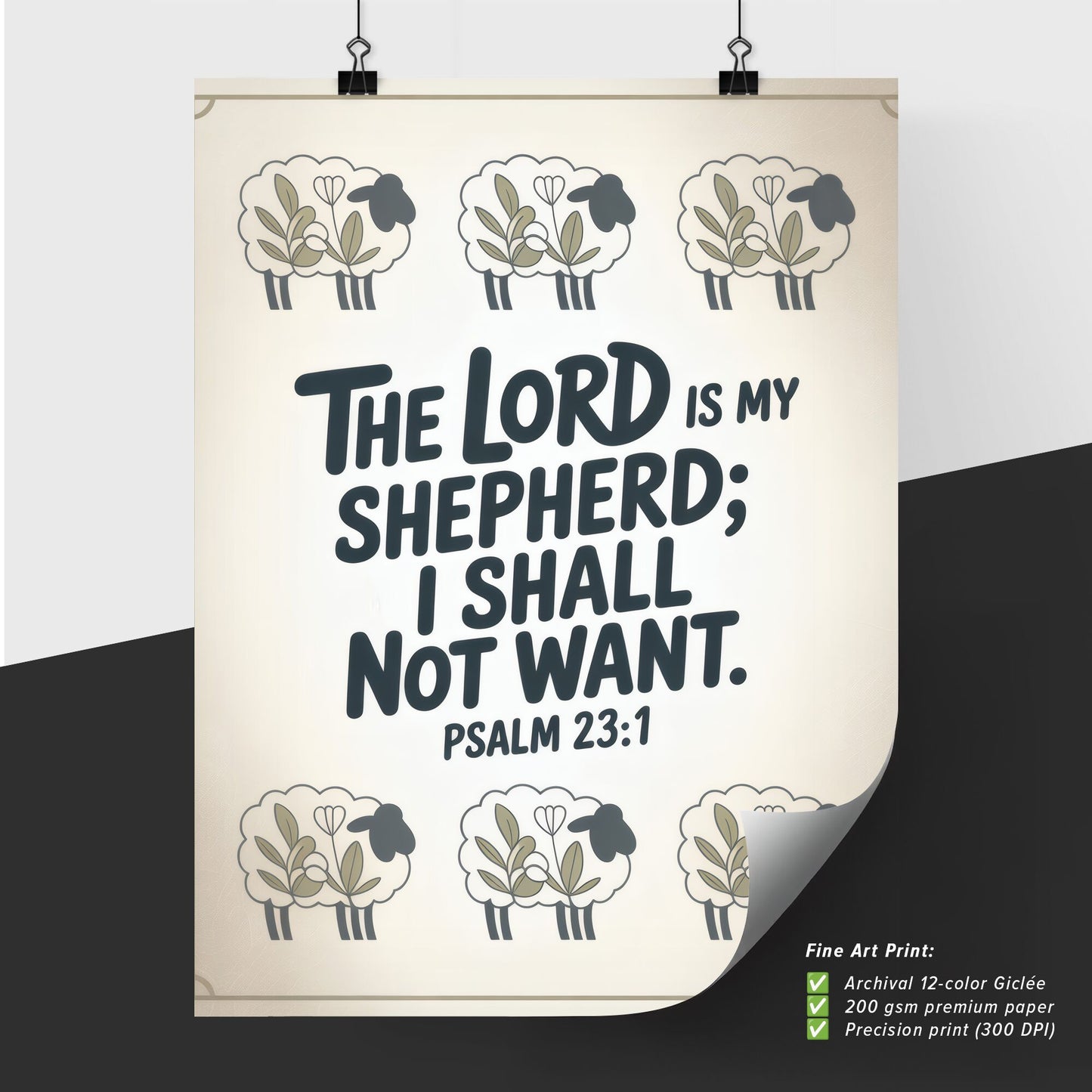 Heartwarming Bible Verse Art Featuring Sheep and Psalm 23:1 Inspiration for Home Decor or Spiritual Reflection.