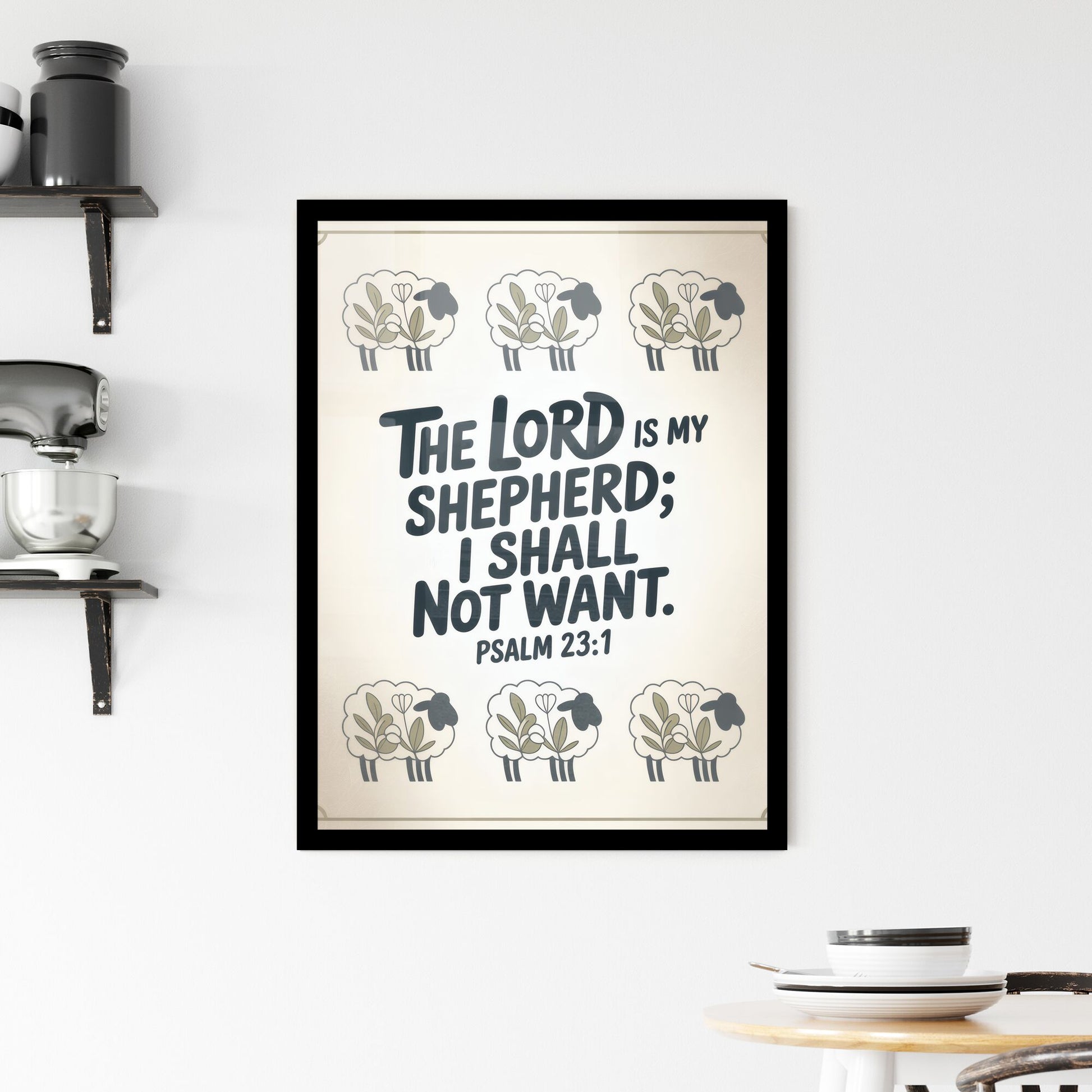 Heartwarming Bible Verse Art Featuring Sheep and Psalm 23:1 Inspiration for Home Decor or Spiritual Reflection. Framed Print