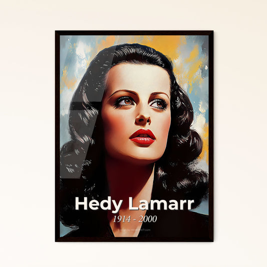 Portrait of Hedy Lamarr, 1914 - 2000. Impressionistic painting of a woman with long black hair and red lipstick.