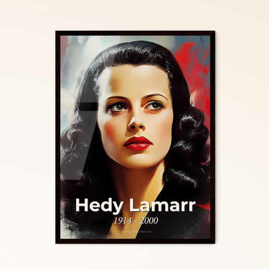 Portrait of Hedy Lamarr, 1914 - 2000. Impressionistic painting of a woman with black hair and red lipstick.