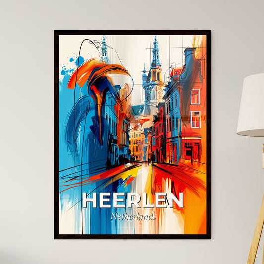 Vibrant Heerlen, Netherlands - A Painting Of A Street With Buildings And A Tower