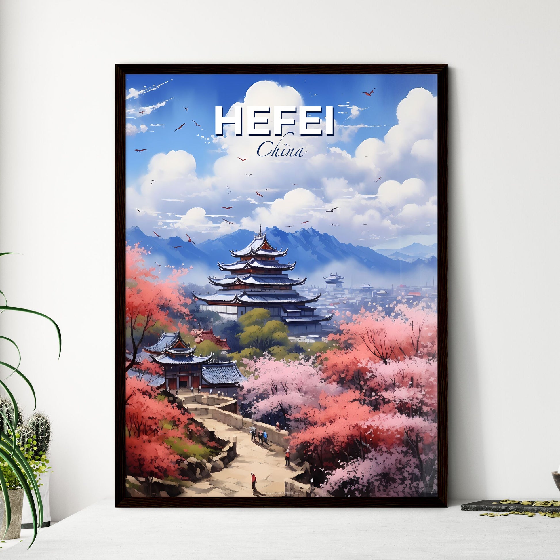 Vibrant Painting of Hefei Skyline Featuring Pagoda and Mountain Landscape Default Title