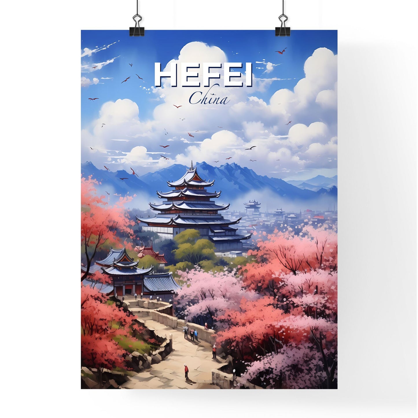 Vibrant Painting of Hefei Skyline Featuring Pagoda and Mountain Landscape Default Title