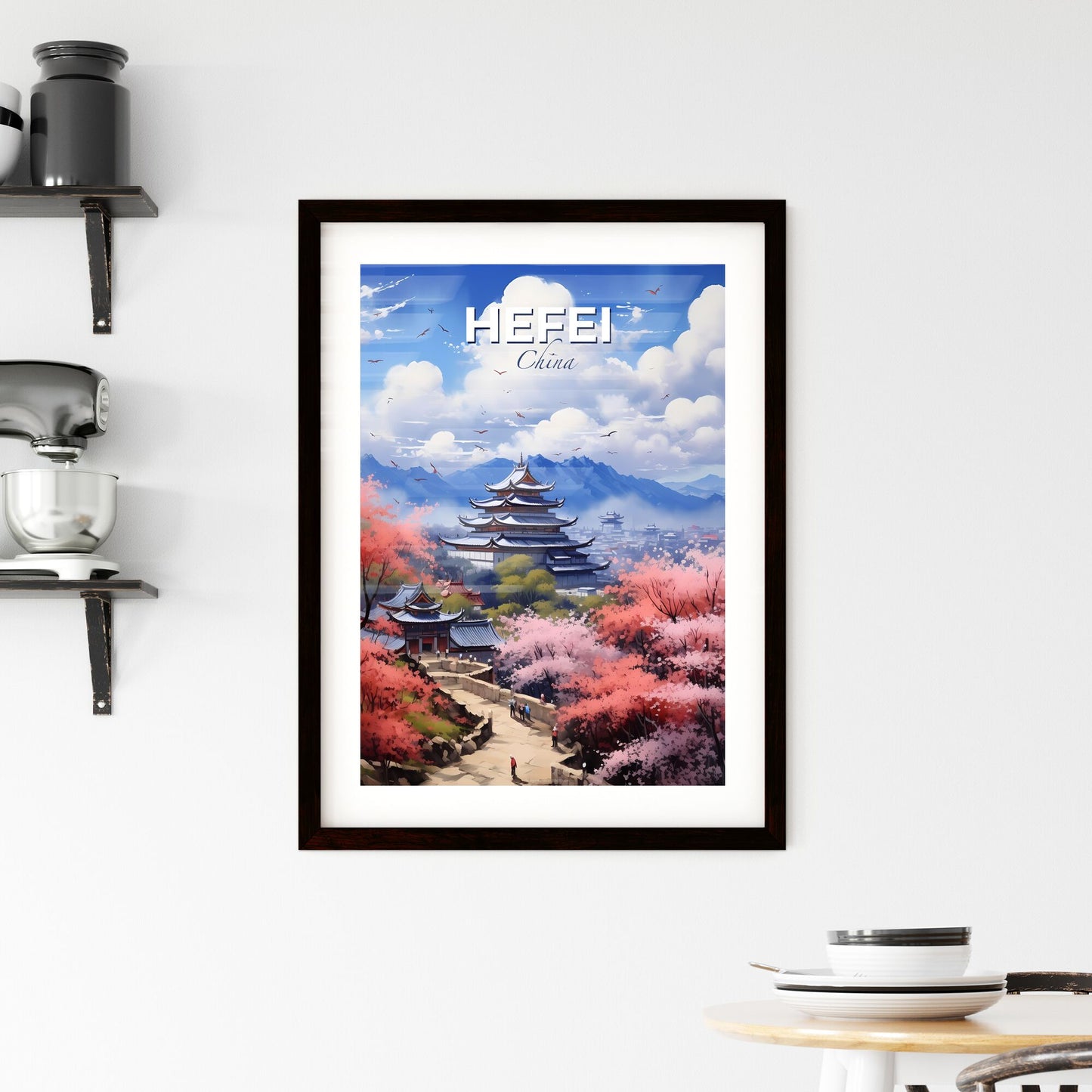 Vibrant Painting of Hefei Skyline Featuring Pagoda and Mountain Landscape Default Title