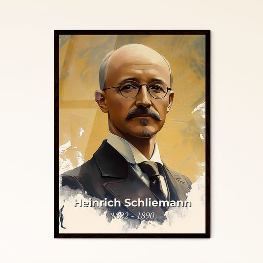 Portrait of Heinrich Schliemann, 1822 - 1890. Impressionistic painting of a man with a mustache wearing glasses and a suit.