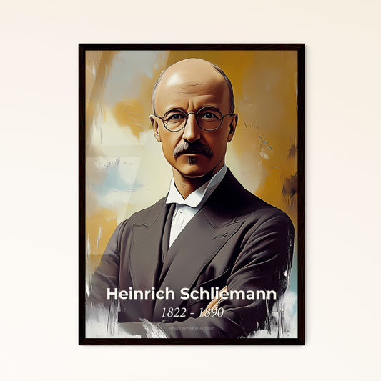 Portrait of Heinrich Schliemann, 1822 - 1890. Impressionistic painting of a man with glasses and a mustache.