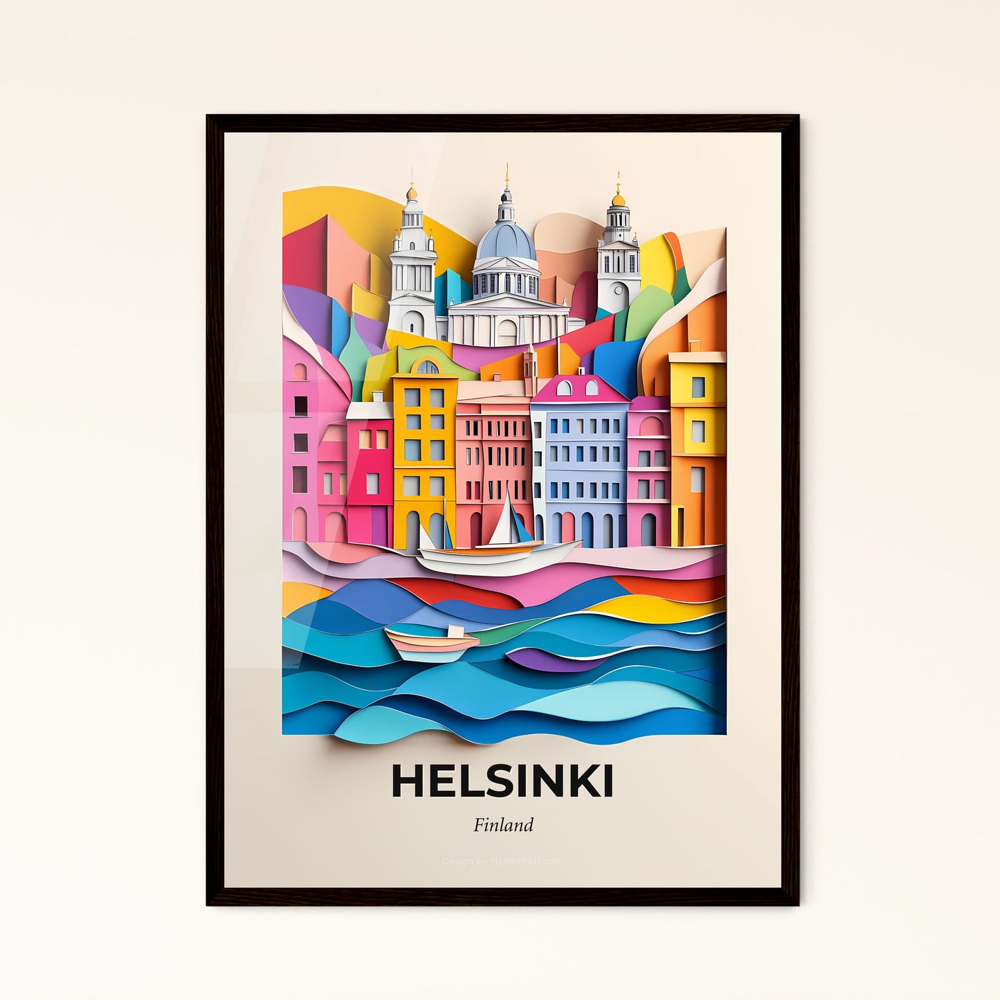 Vivid Helsinki, Finland - a paper cut of a city with a boat