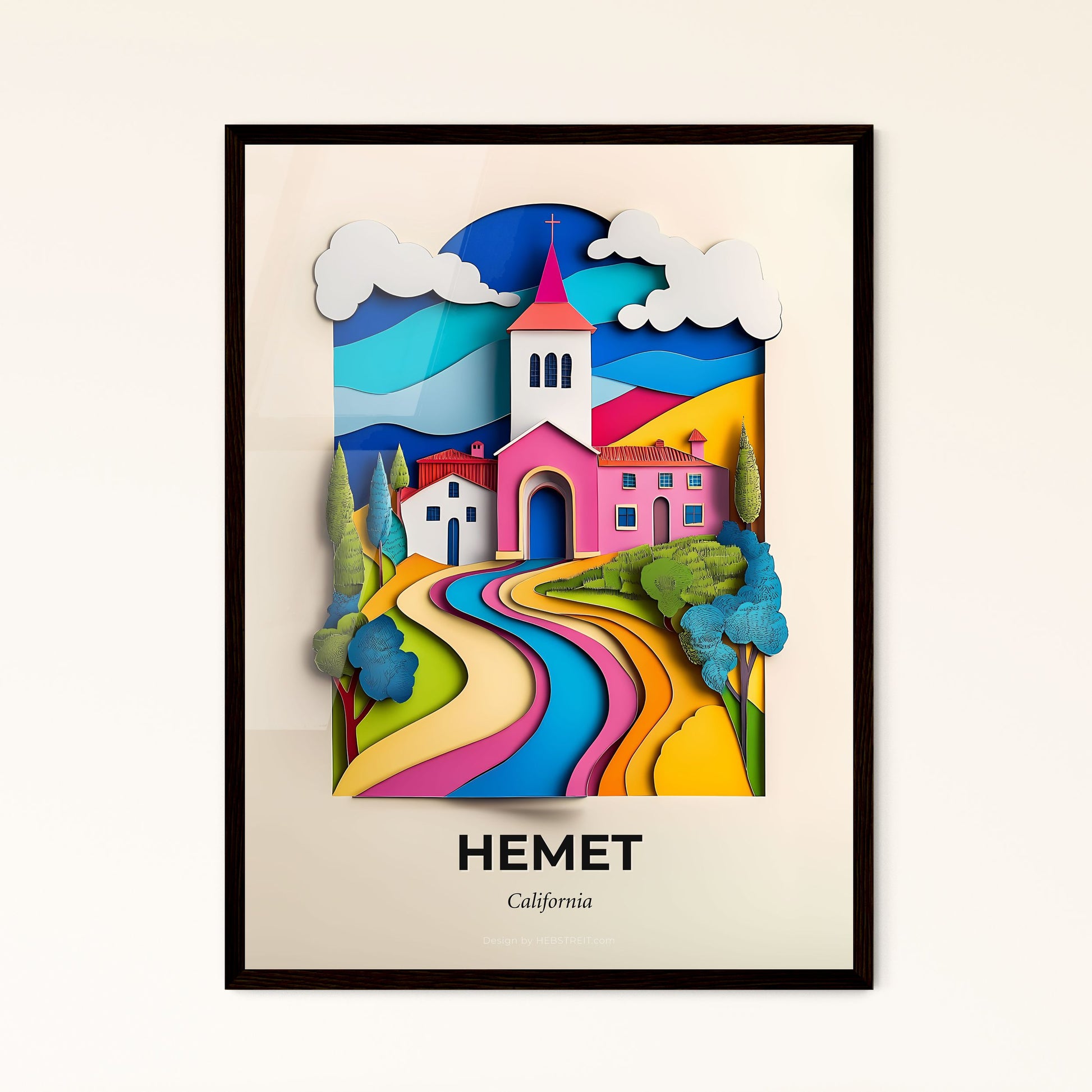 Vivid Hemet, California - a paper cut of a church and a road