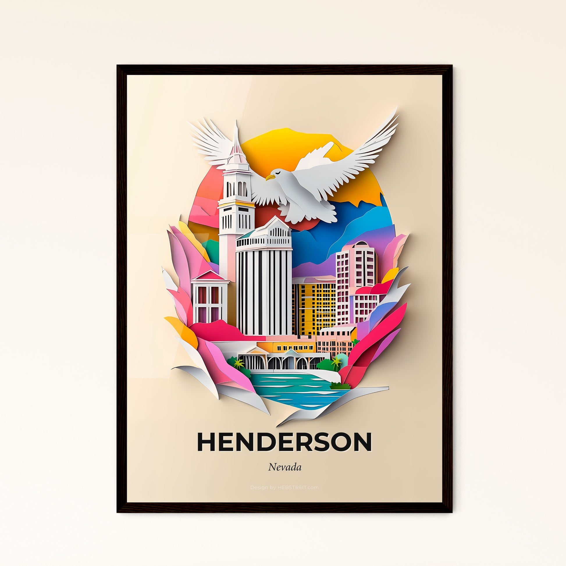 Vivid Henderson, Nevada - a paper cut of a bird flying over a city