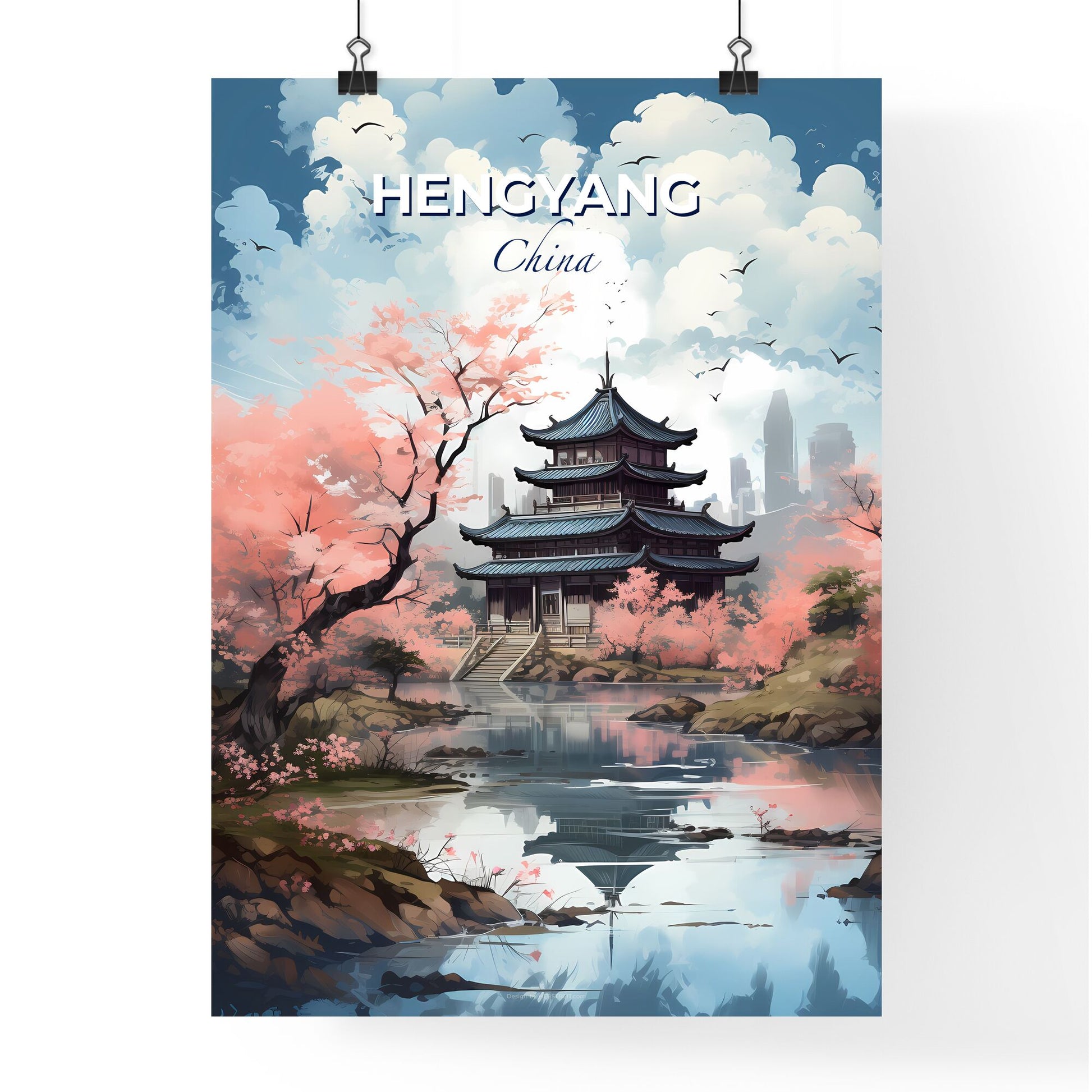 Pagoda by the Lake - a painting of the Hengyang China Skyline with pink blossoms Default Title