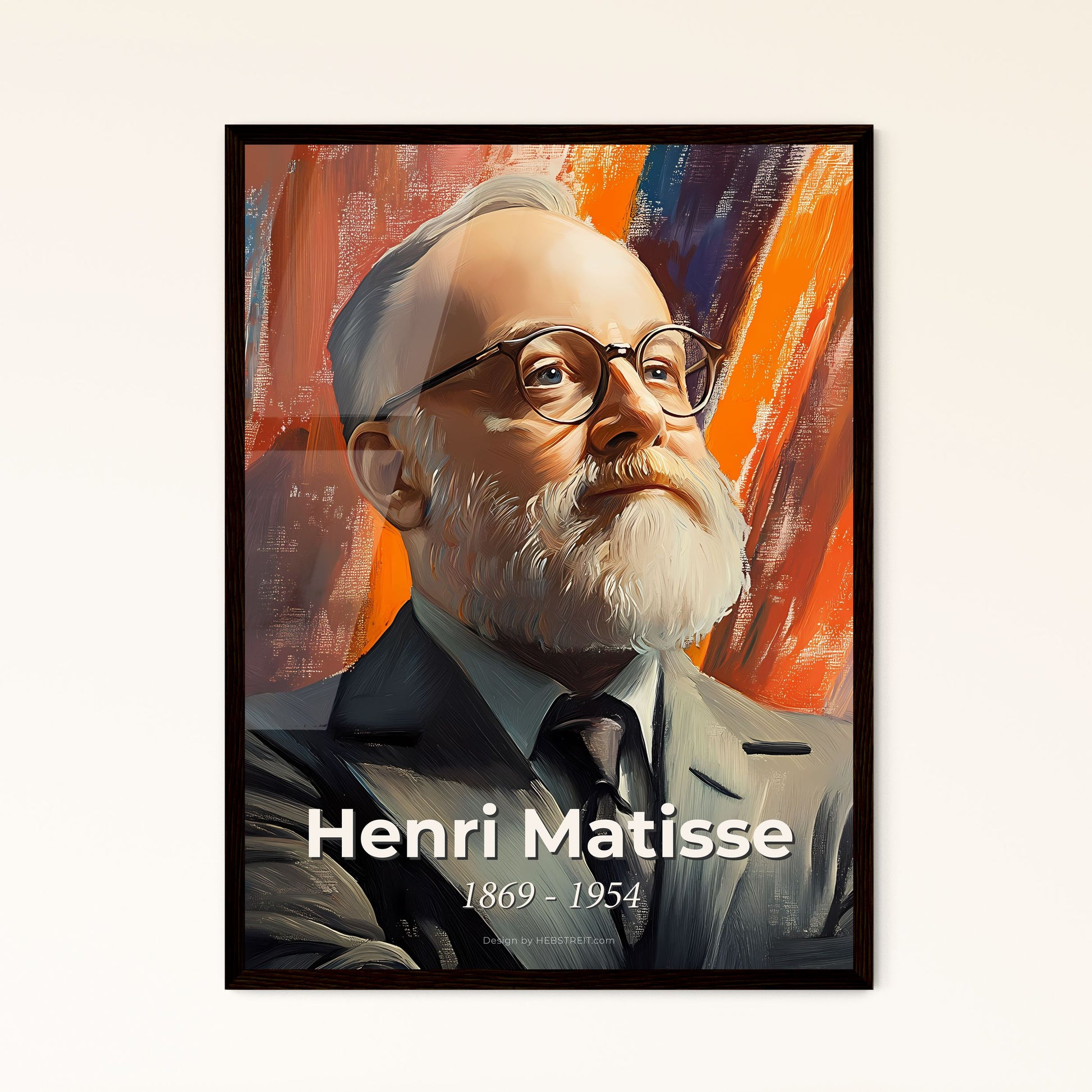 Portrait of Henri Matisse, 1869 - 1954. Impressionistic painting of a man with a beard wearing glasses and a suit.