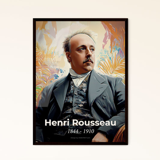 Portrait of Henri Rousseau, 1844 - 1910. Impressionistic painting of a man sitting in a chair.