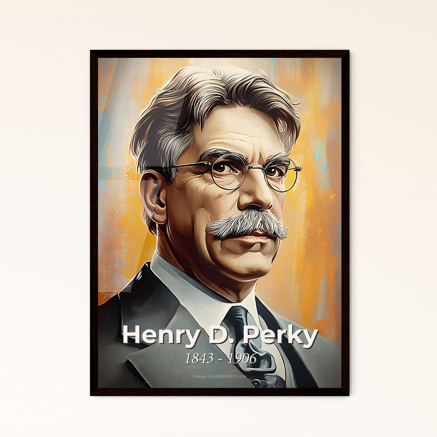 Portrait of Henry D. Perky, 1843 - 1906. Impressionistic painting of a man with a mustache and glasses.