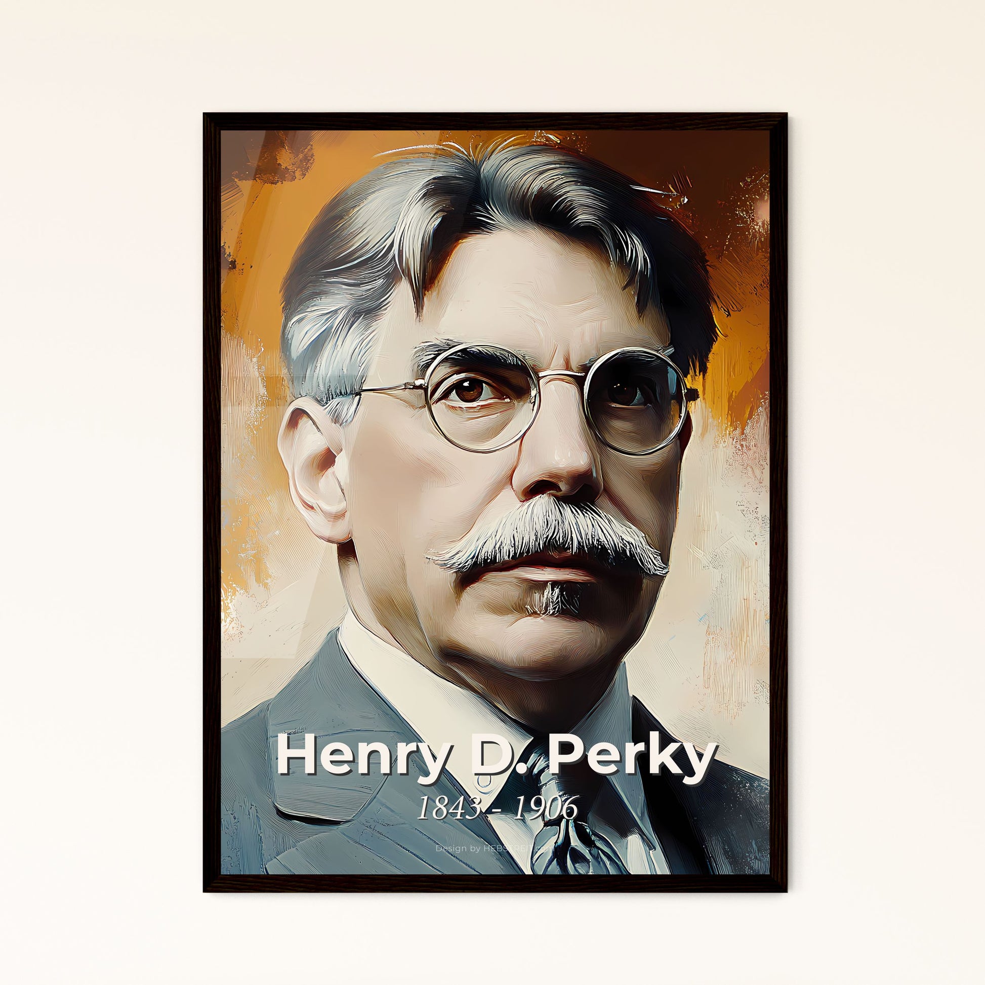 Portrait of Henry D. Perky, 1843 - 1906. Impressionistic painting of a man with a mustache wearing glasses.