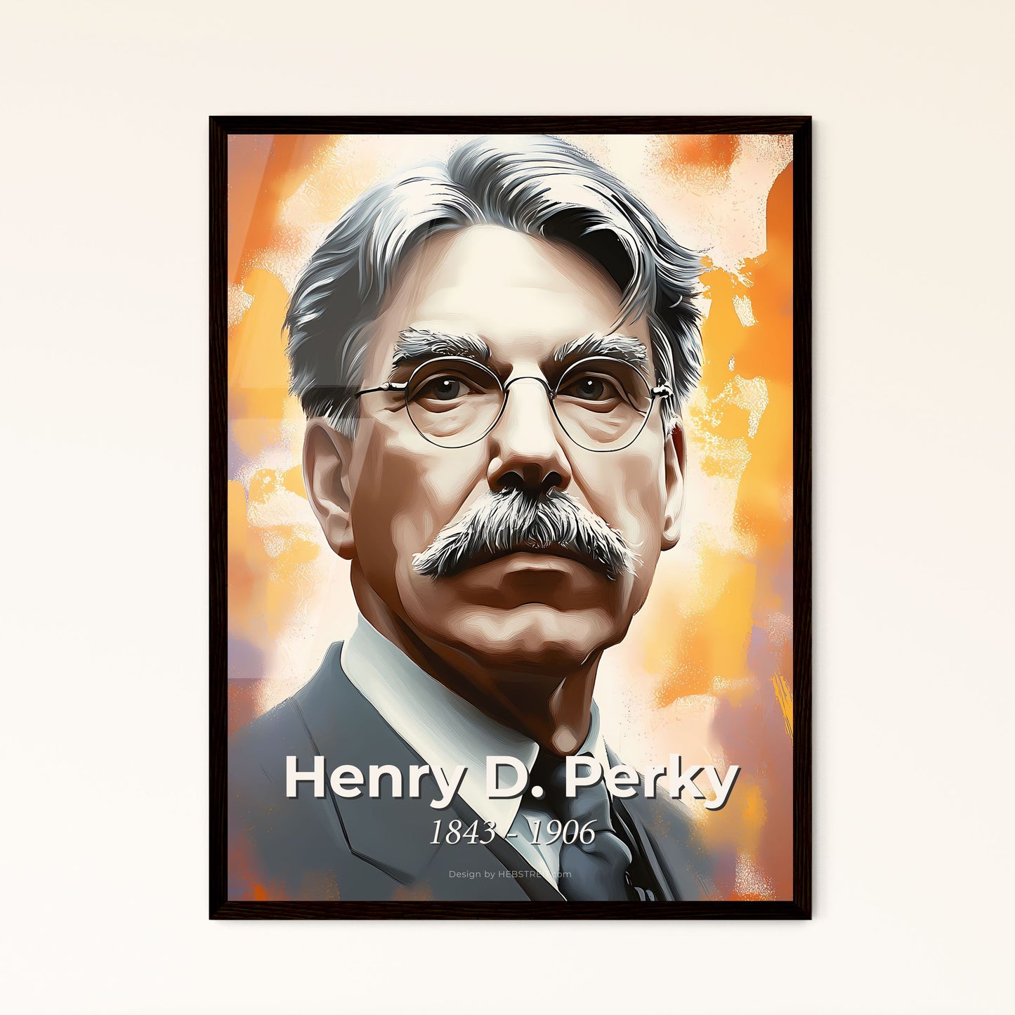 Portrait of Henry D. Perky, 1843 - 1906. Impressionistic painting of a man with a mustache and glasses.