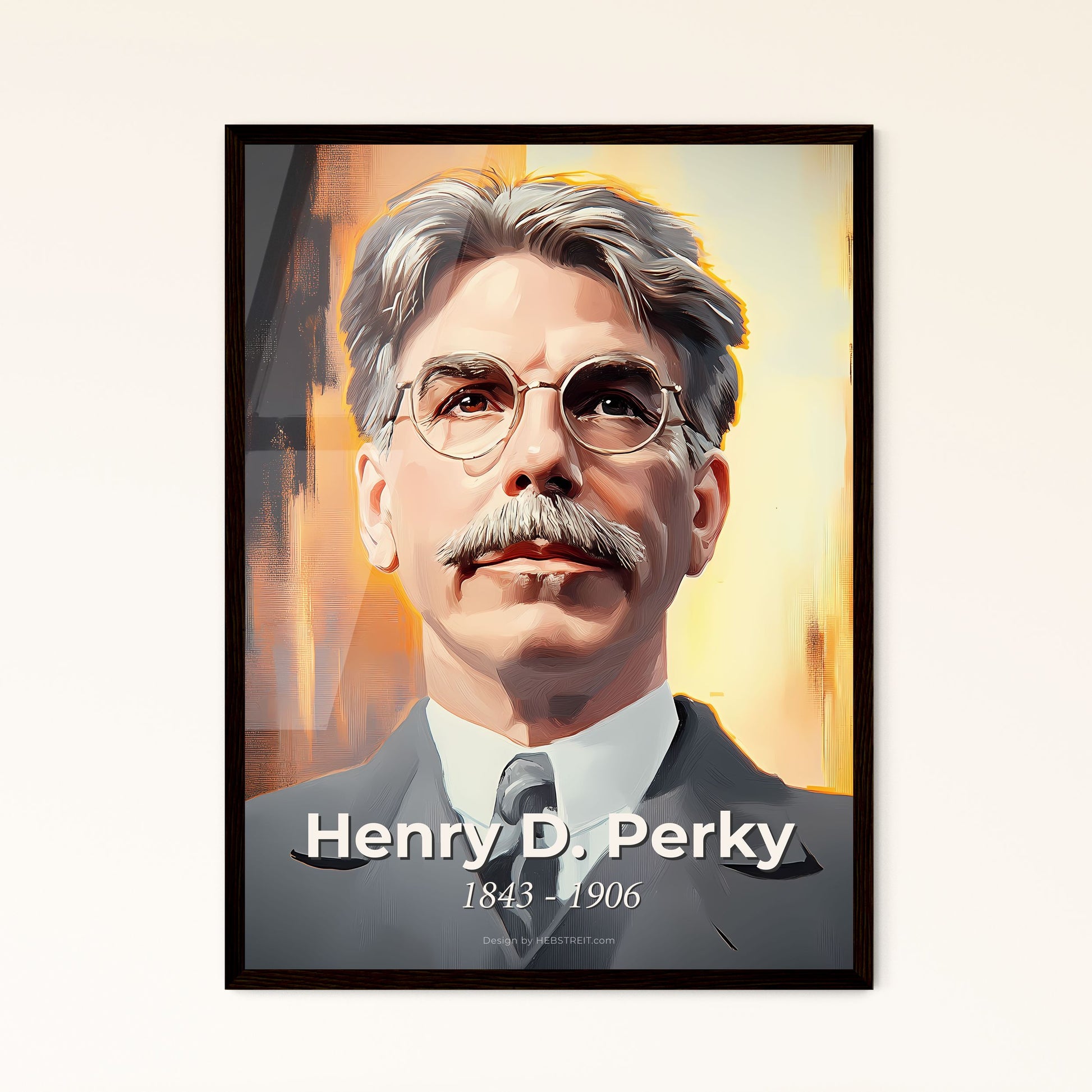 Portrait of Henry D. Perky, 1843 - 1906. Impressionistic painting of a man with a mustache wearing glasses.