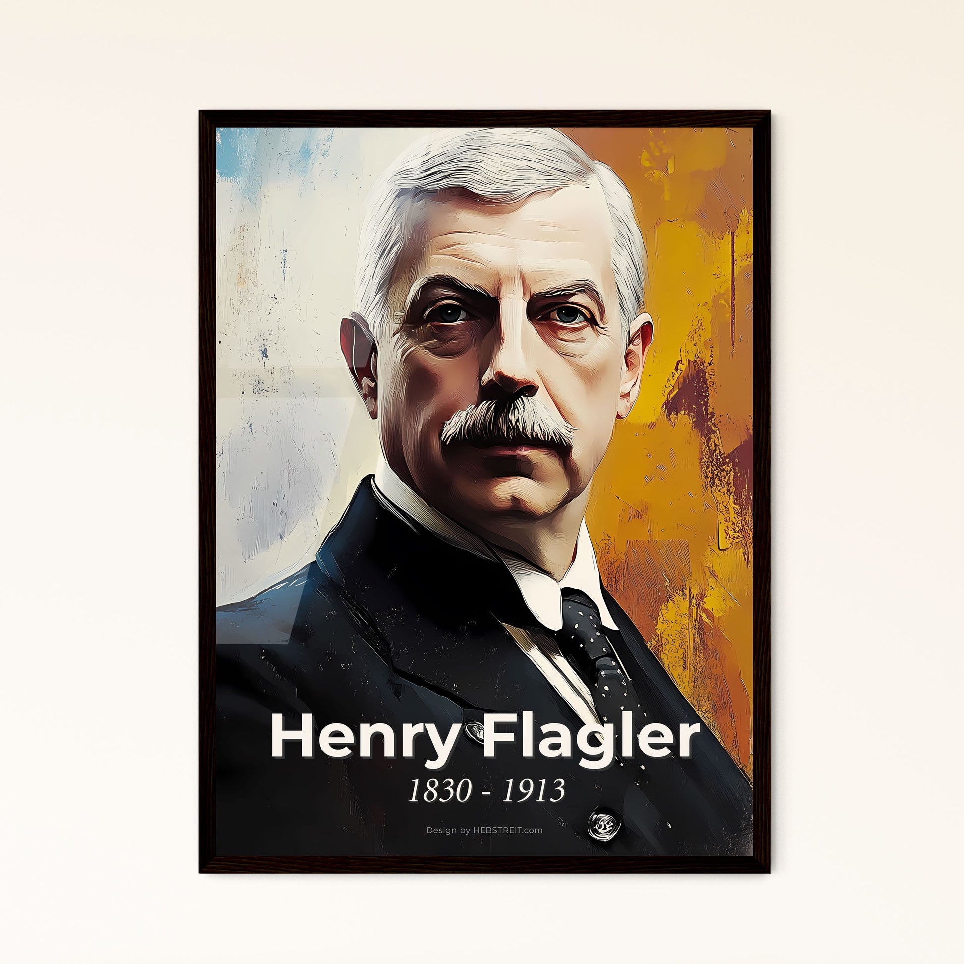 Portrait of Henry Flagler, 1830 - 1913. Impressionistic painting of a man with a mustache wearing a suit and tie.