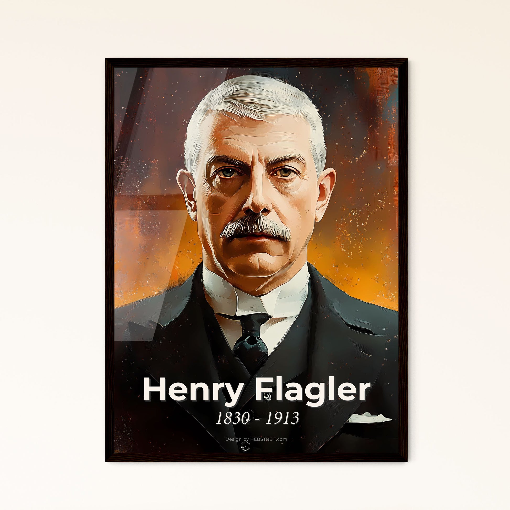 Portrait of Henry Flagler, 1830 - 1913. Impressionistic painting of a man with a mustache wearing a suit and tie.