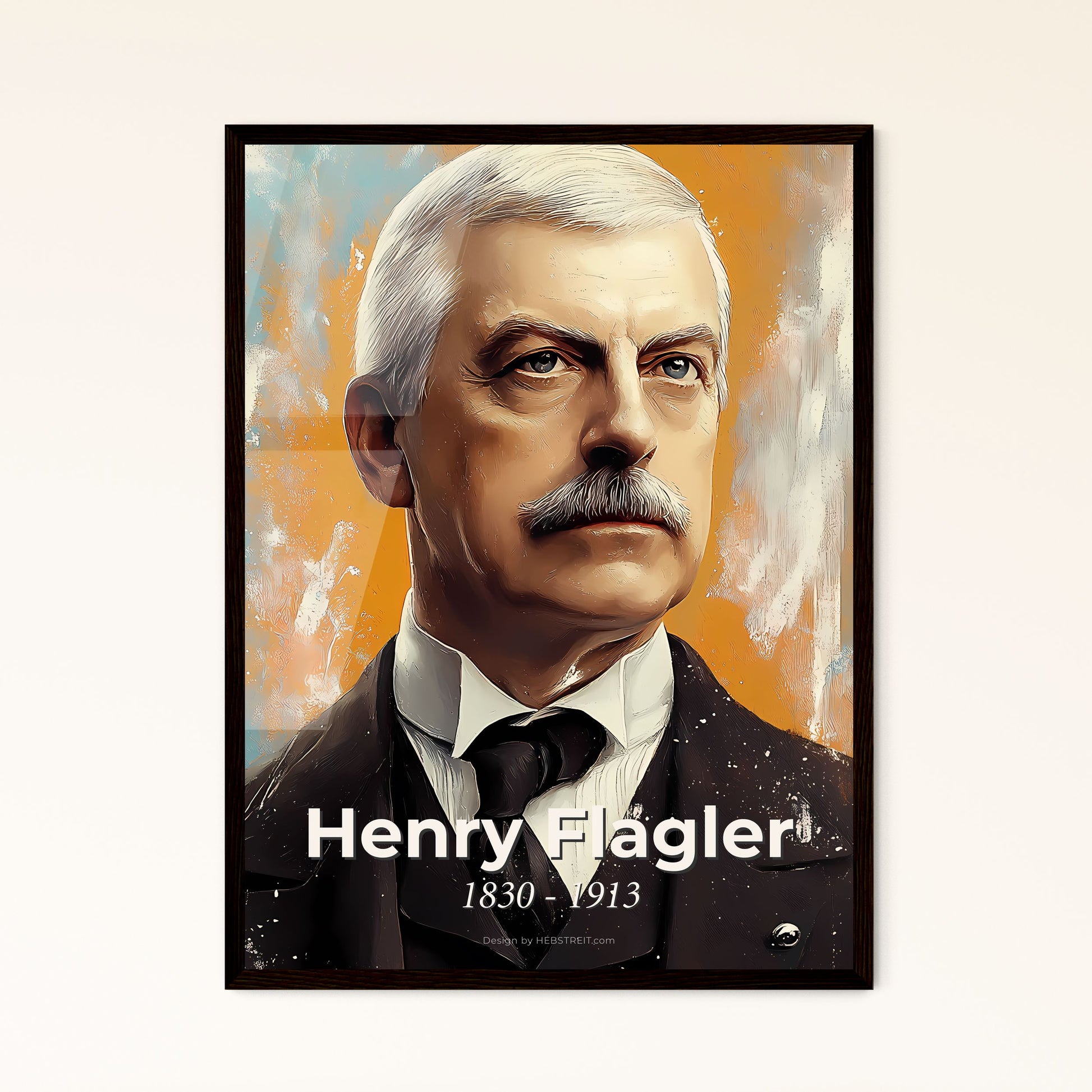 Portrait of Henry Flagler, 1830 - 1913. Impressionistic painting of a man with a mustache wearing a suit and tie.