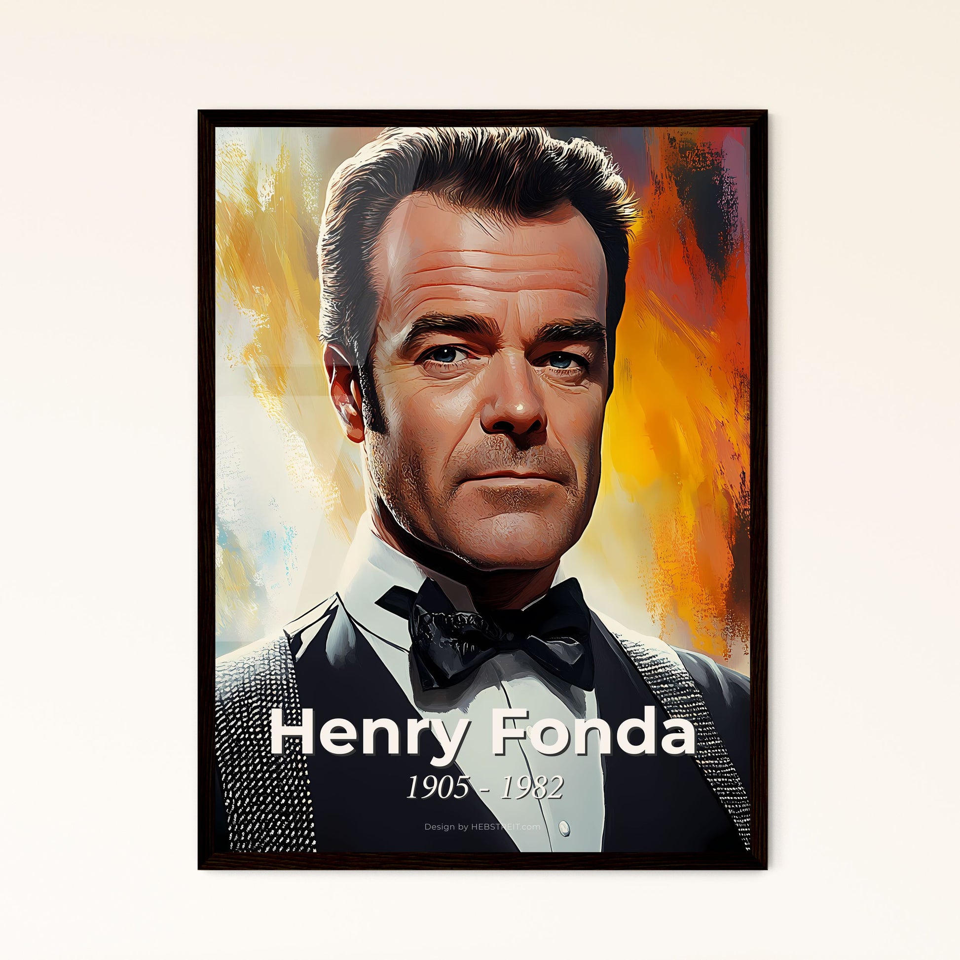 Portrait of Henry Fonda, 1905 - 1982. Impressionistic painting of a man in a suit and bow tie.