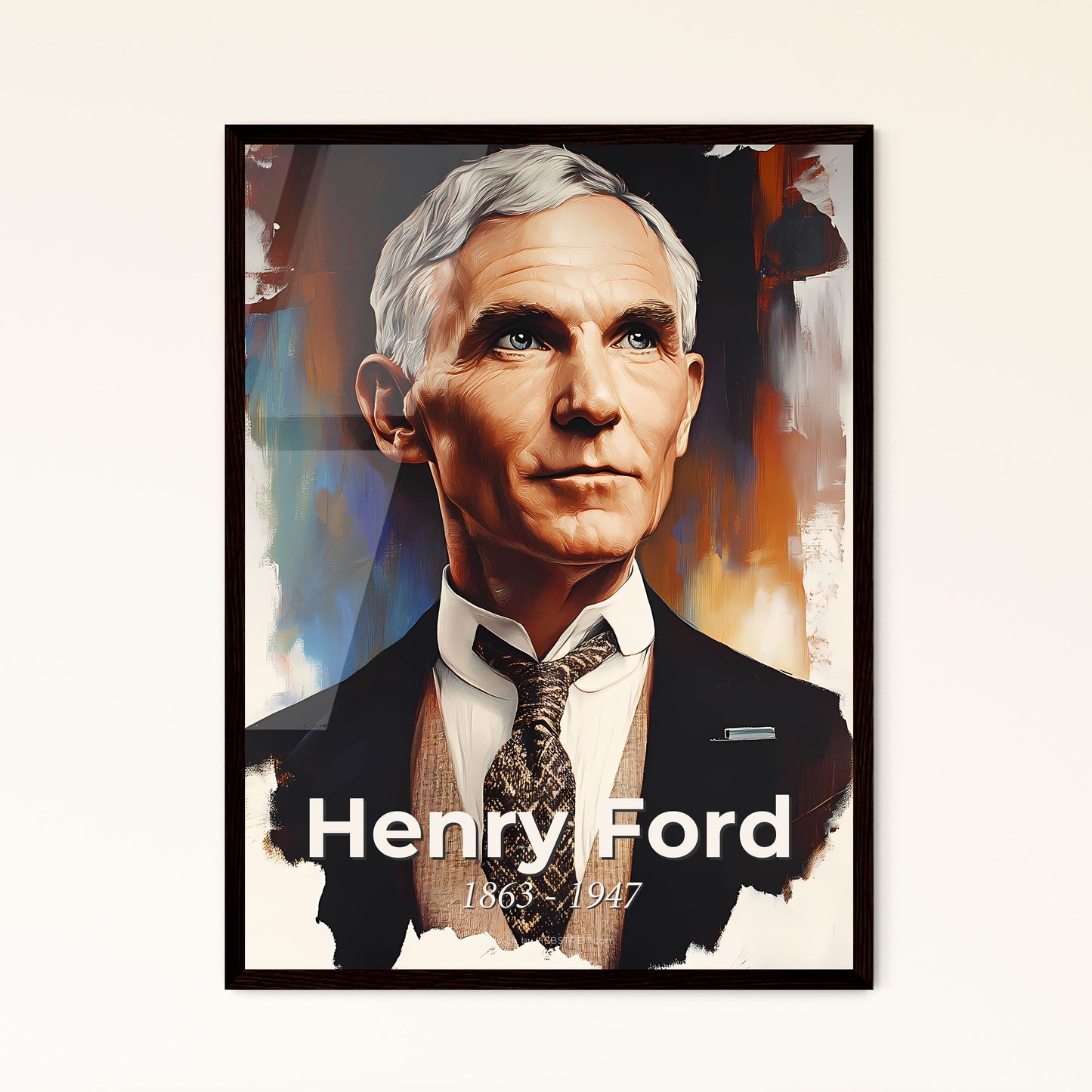 Portrait of Henry Ford, 1863 - 1947. Impressionistic painting of a man in a suit.