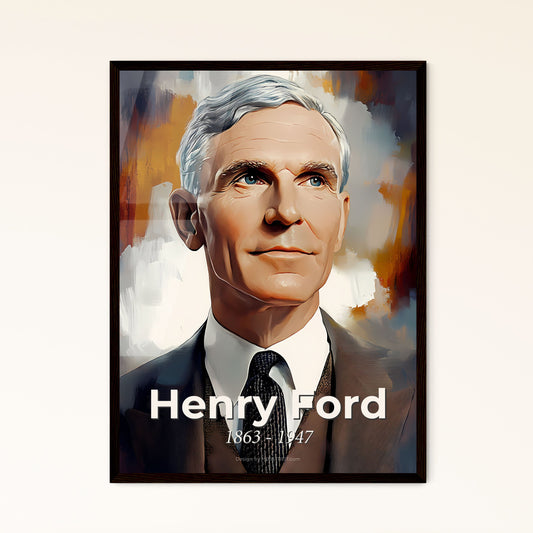 Portrait of Henry Ford, 1863 - 1947. Impressionistic painting of a man in a suit and tie.