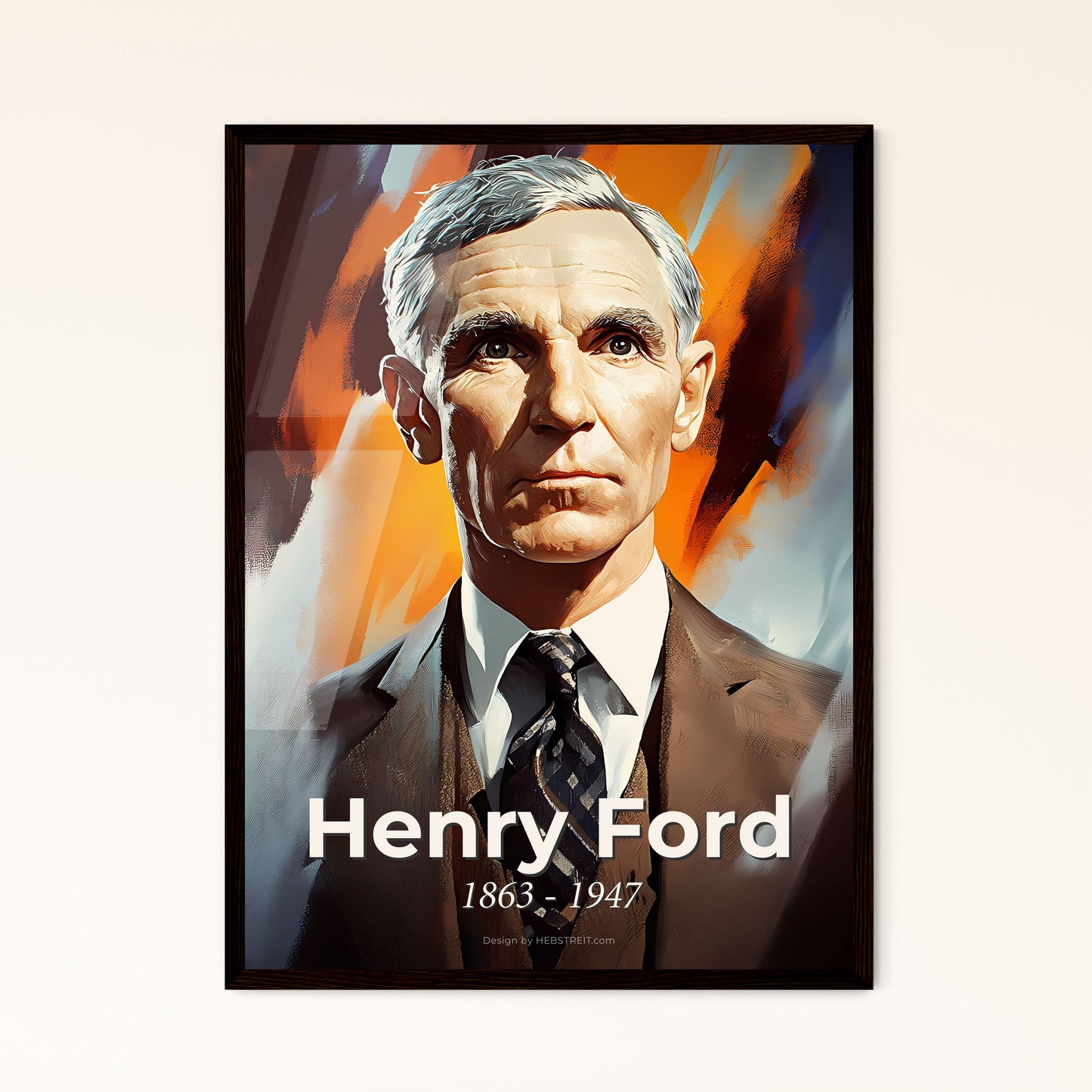 Portrait of Henry Ford, 1863 - 1947. Impressionistic painting of a man in a suit.