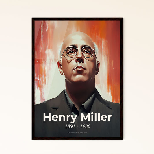 Portrait of Henry Miller, 1891 - 1980. Impressionistic painting of a man wearing glasses and a suit.