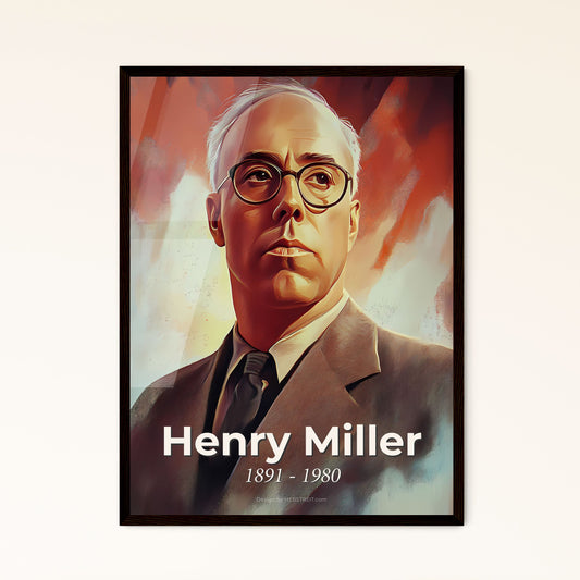 Portrait of Henry Miller, 1891 - 1980. Impressionistic painting of a man wearing glasses and a suit.