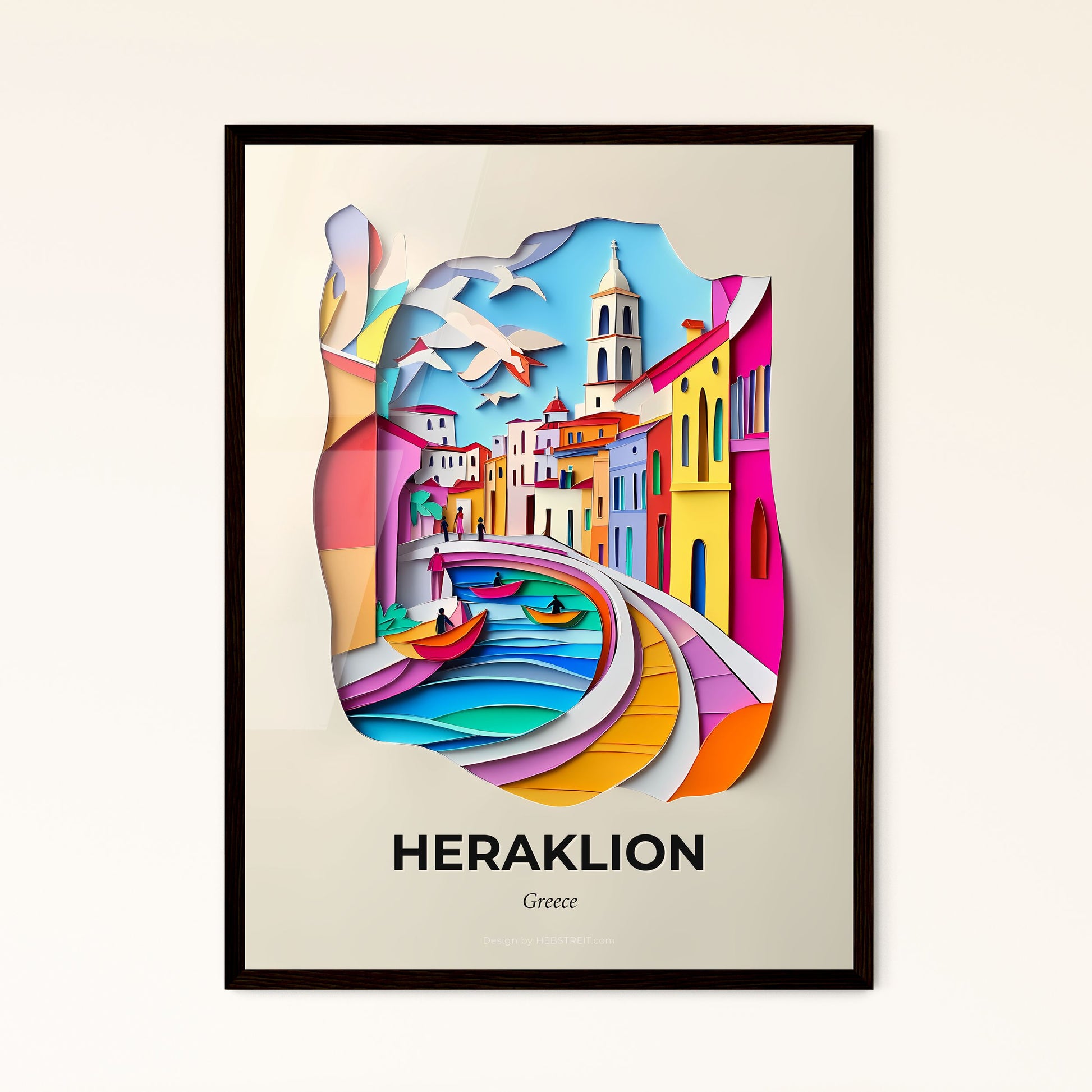 Vivid Heraklion, Greece - a paper cut of a colorful city with a boat