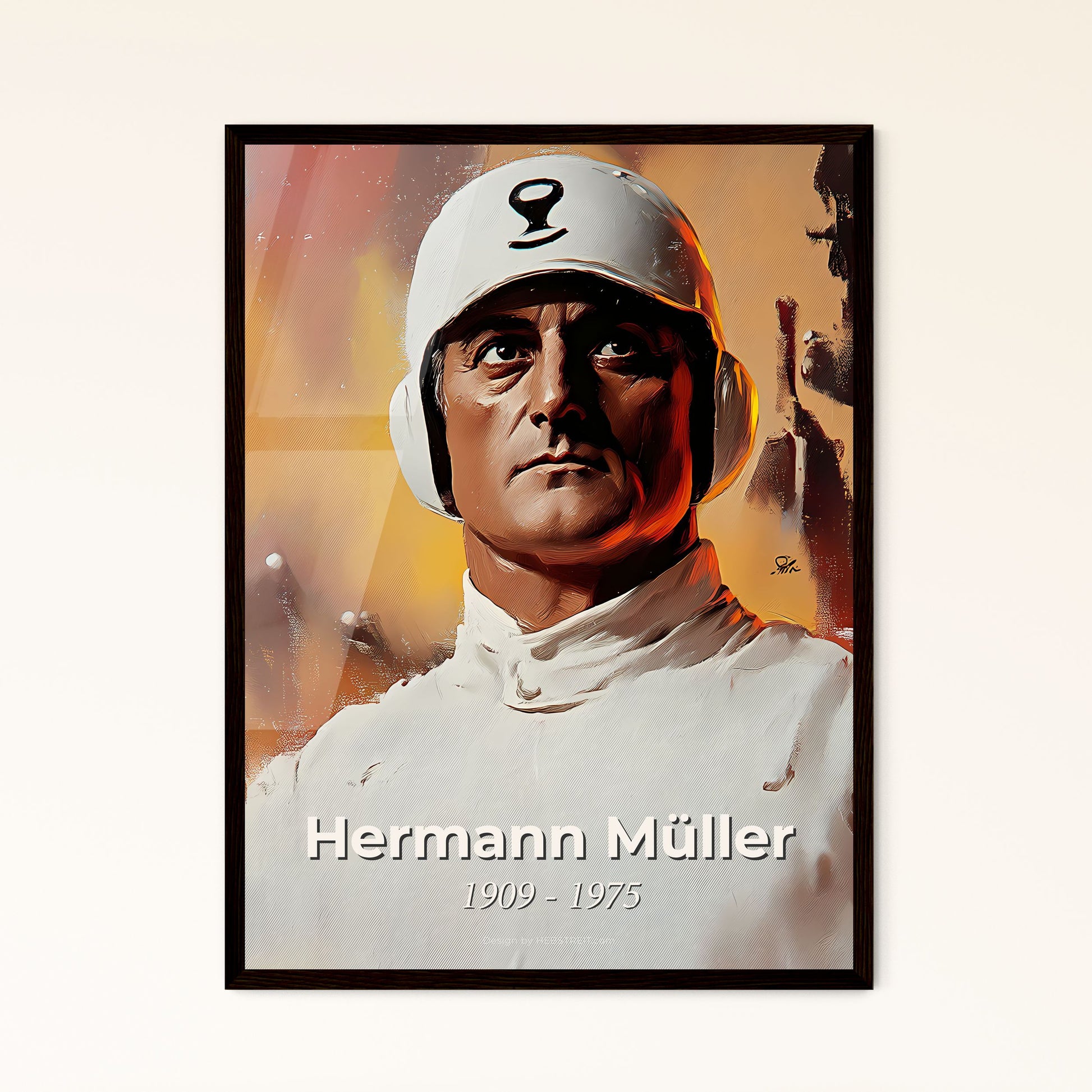 Portrait of Hermann Müller, 1909 - 1975. Impressionistic painting of a man wearing a white helmet.