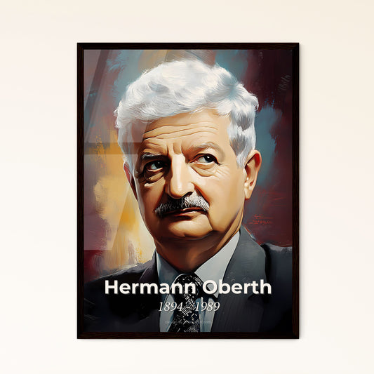 Portrait of Hermann Oberth, 1894 - 1989. Impressionistic painting of a man in a suit and tie.