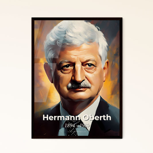 Portrait of Hermann Oberth, 1894 - 1989. Impressionistic painting of a man with a mustache.