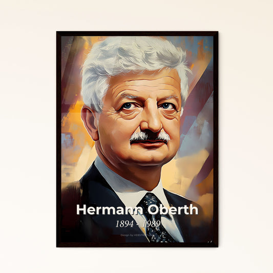 Portrait of Hermann Oberth, 1894 - 1989. Impressionistic painting of a man with a mustache.