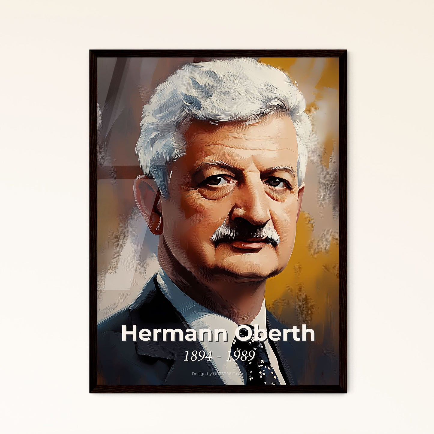 Portrait of Hermann Oberth, 1894 - 1989. Impressionistic painting of a man with white hair and a mustache.