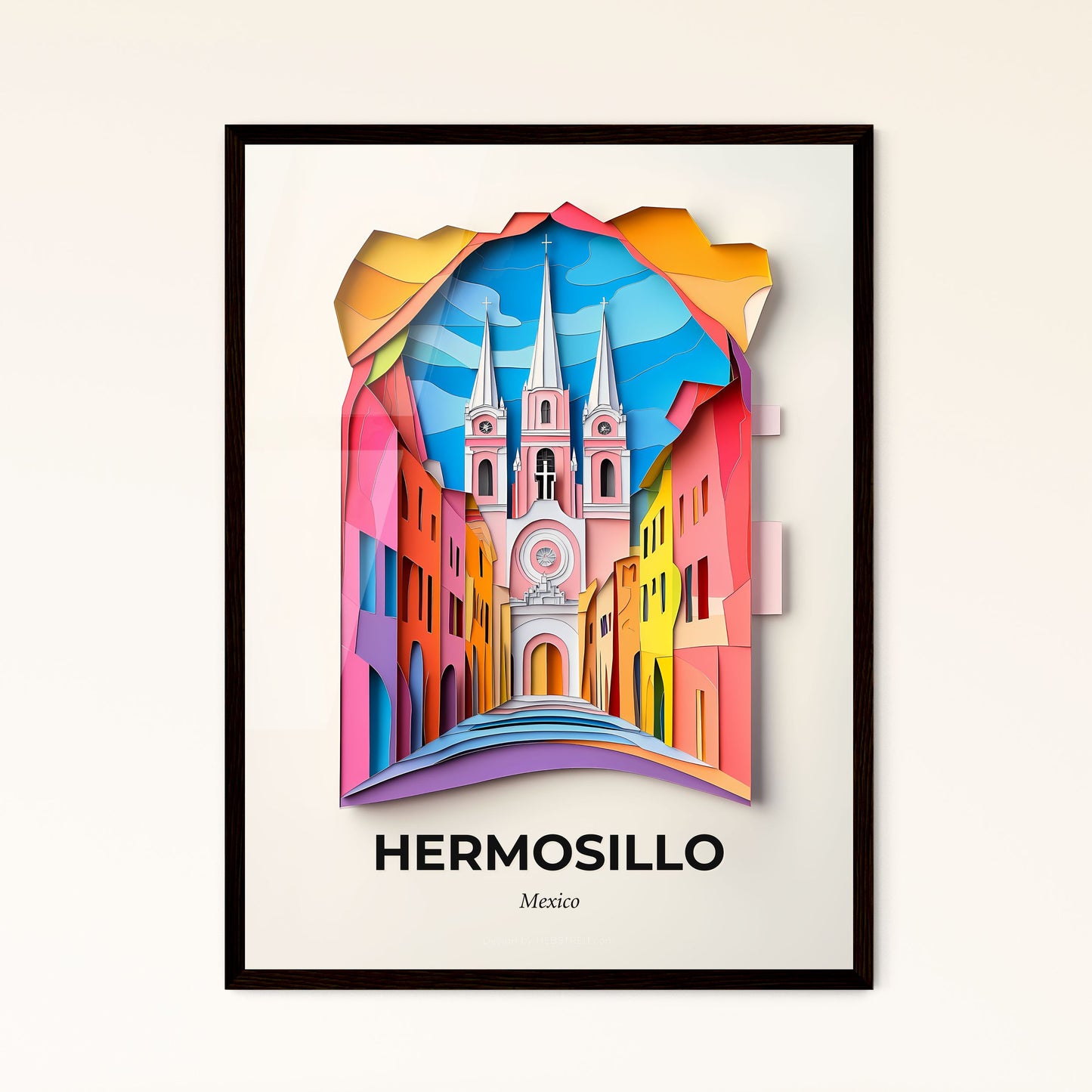 Vivid Hermosillo, Mexico - a paper cut of a church with a rainbow colored roof