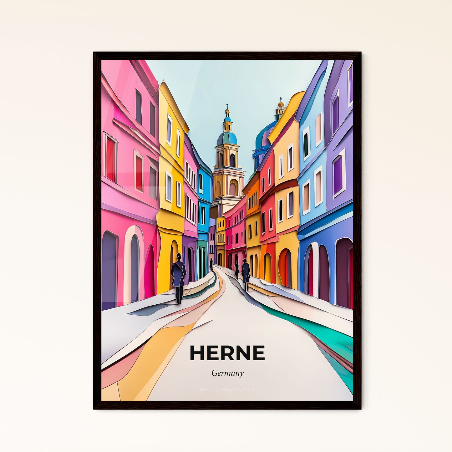 Vivid Herne, Germany - a painting of a street with a person walking down it