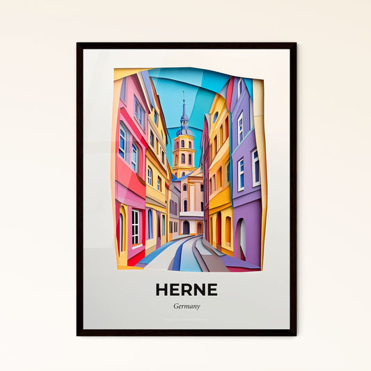 Vivid Herne, Germany - a colorful city street with a clock tower