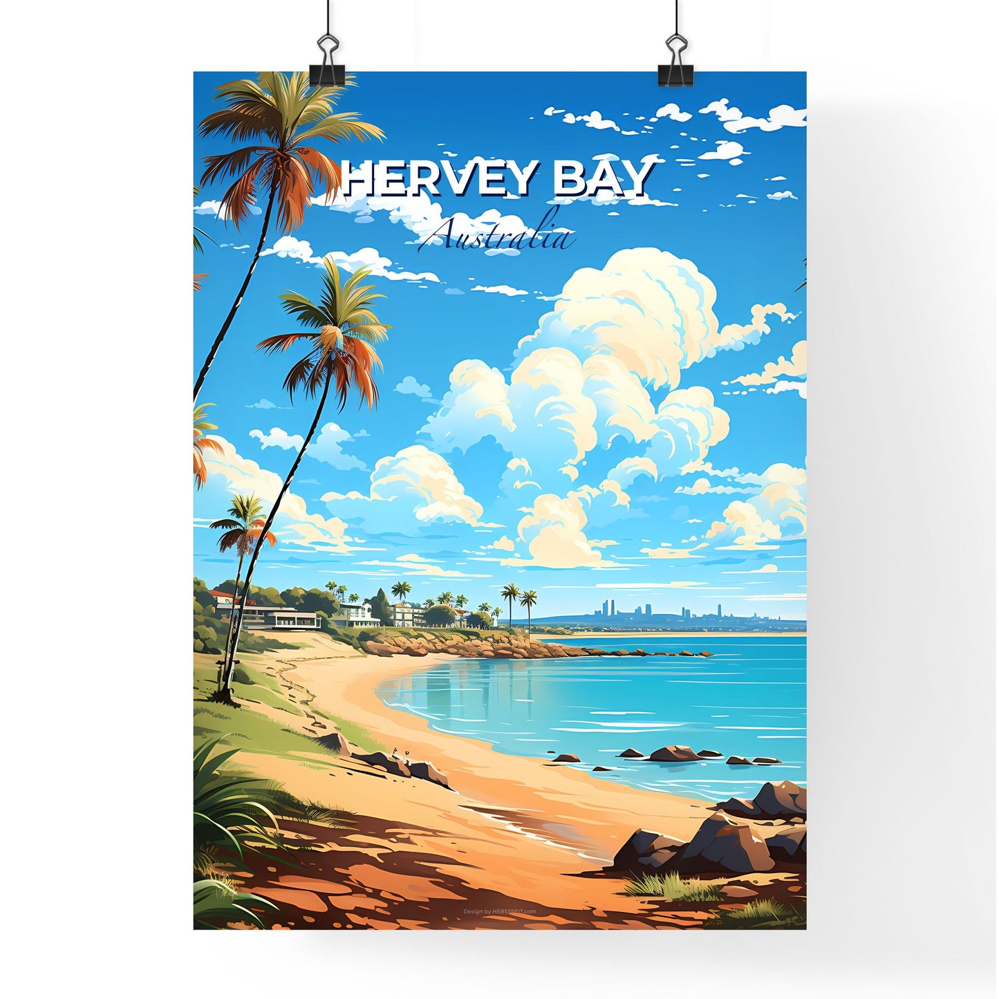 Artistic Beach Skyline of Hervey Bay Australia with Palm Trees and Rocks Default Title