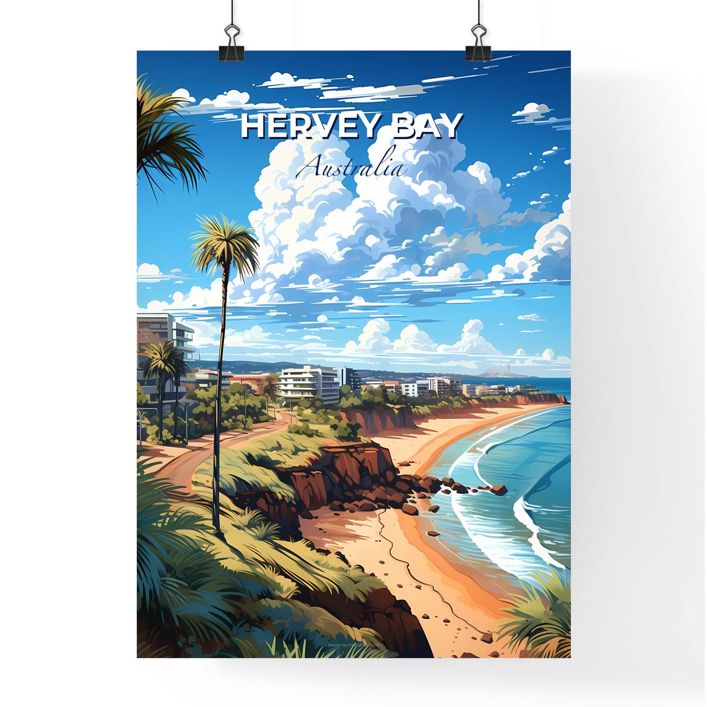 Vibrant Beach Skyline Artwork: Hervey Bay Australia with Palm Trees and Buildings Default Title