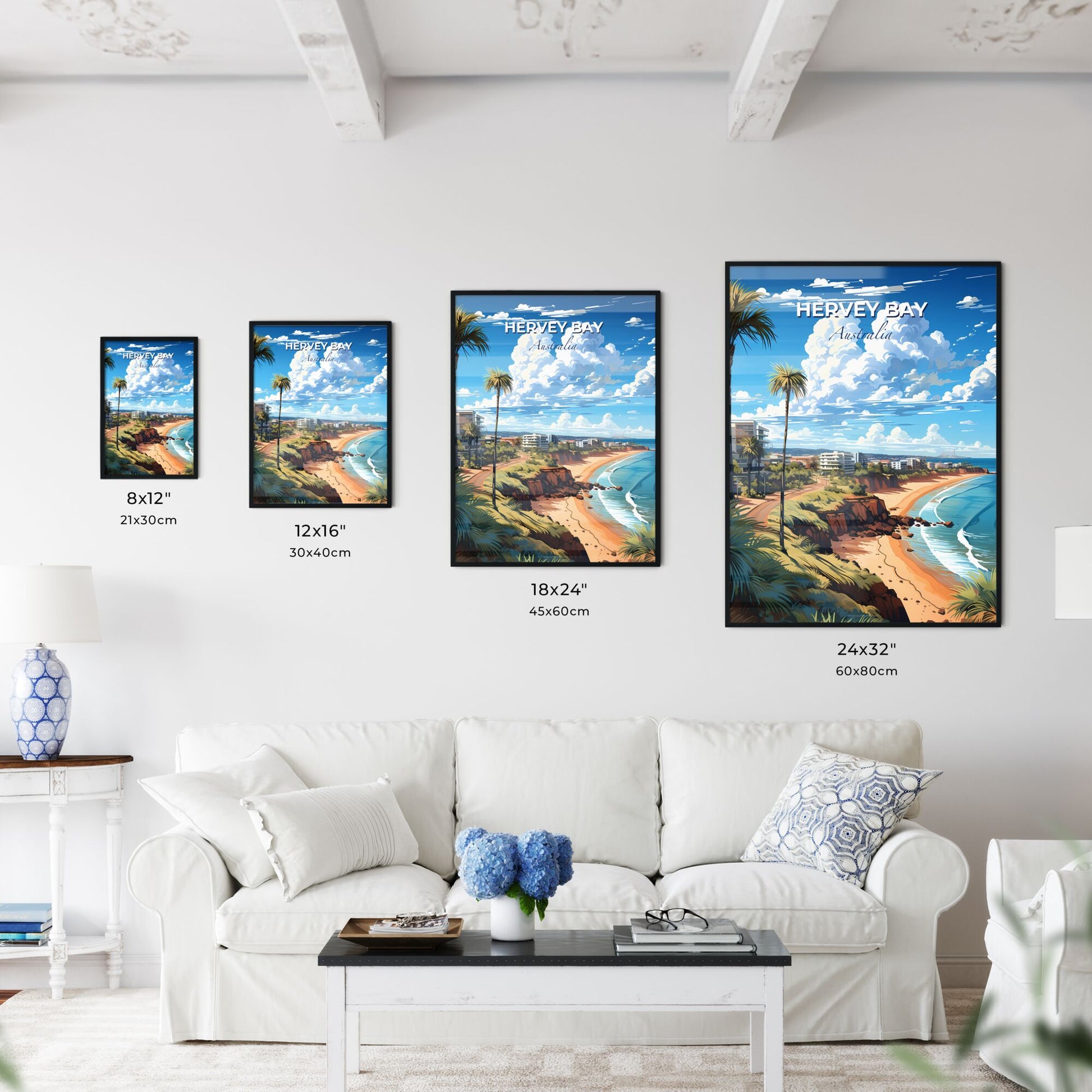 Vibrant Beach Skyline Artwork: Hervey Bay Australia with Palm Trees and Buildings Default Title