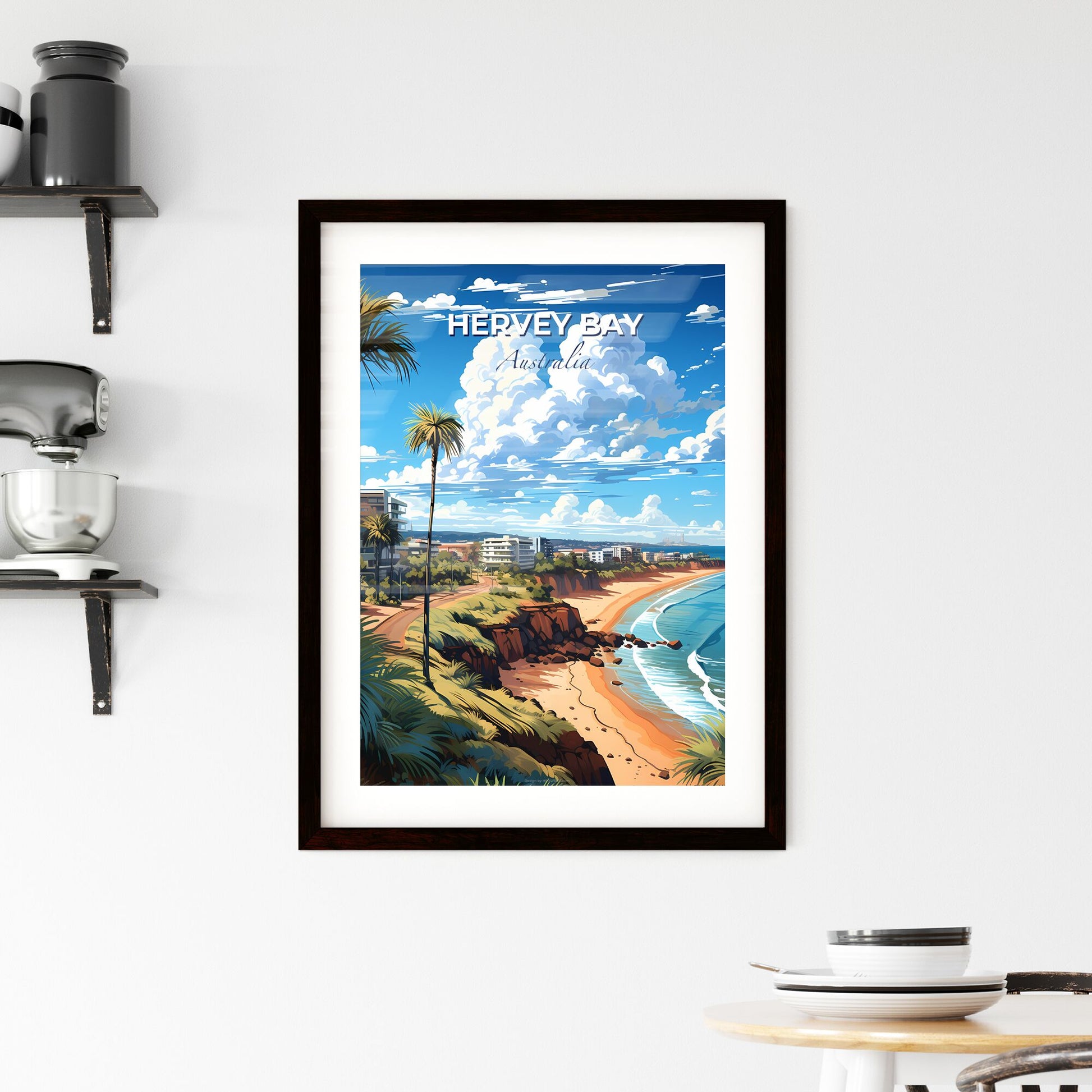 Vibrant Beach Skyline Artwork: Hervey Bay Australia with Palm Trees and Buildings Default Title