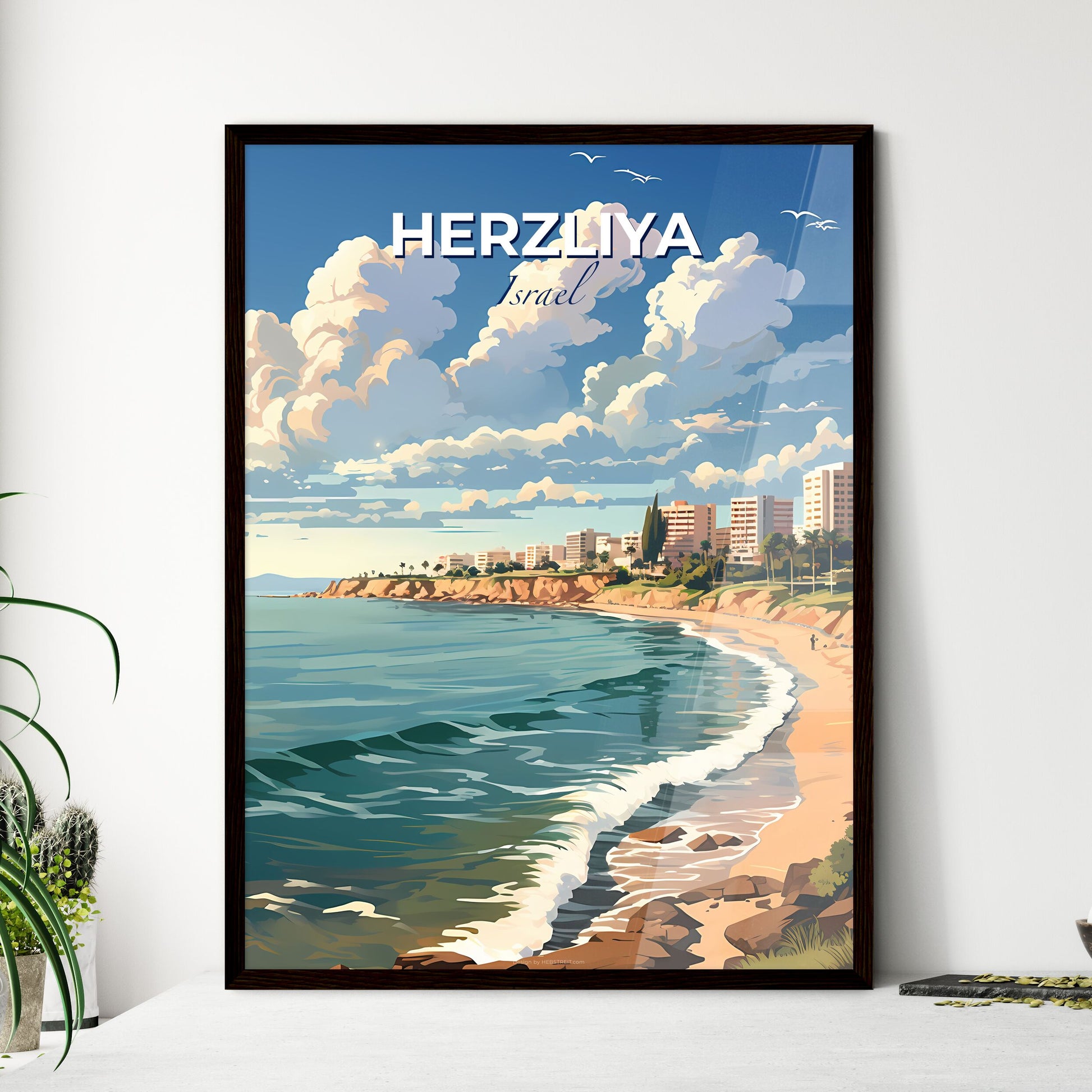 Herzliya Israel Cityscape Painting Beach Buildings Body of Water Art Vibrant Colors Default Title