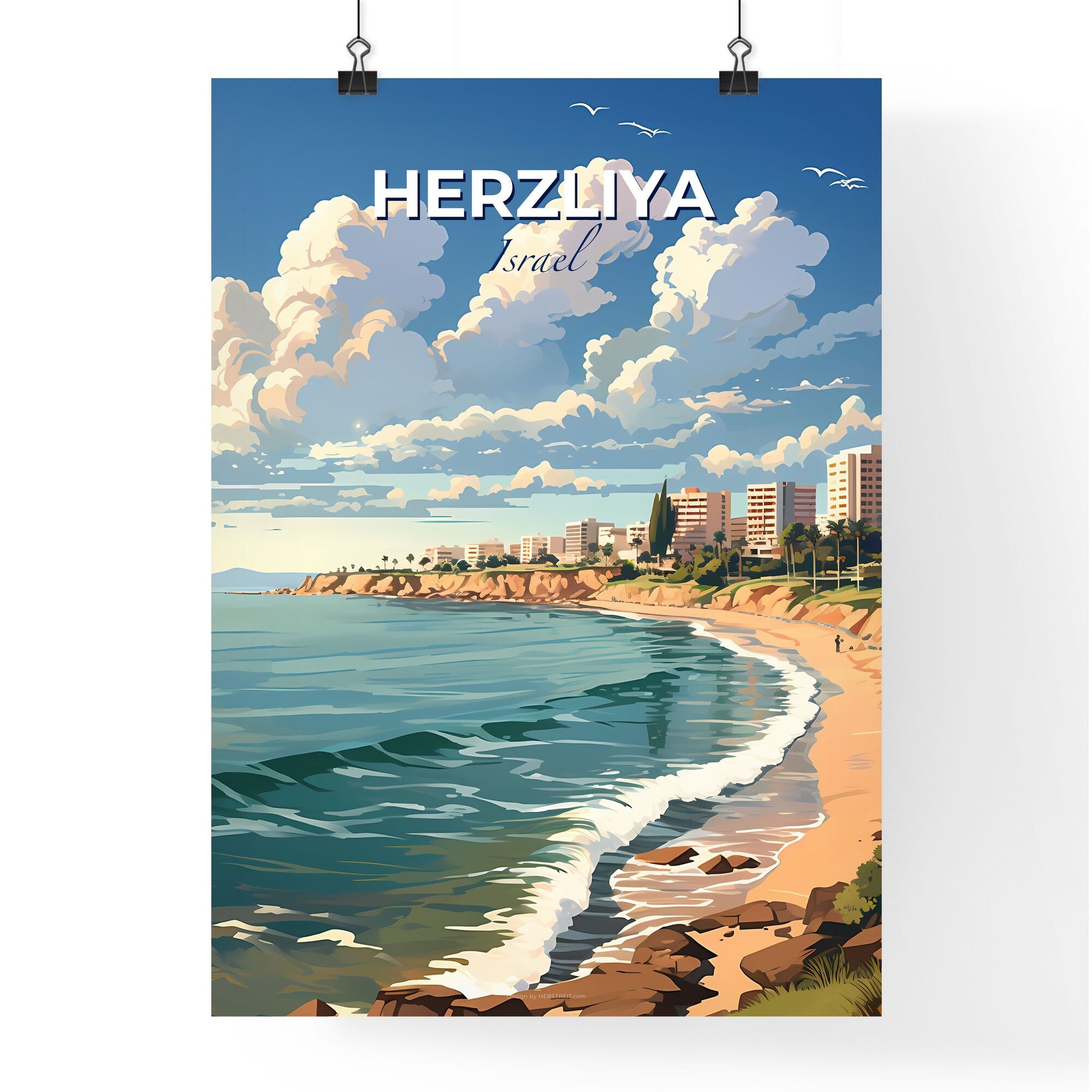 Herzliya Israel Cityscape Painting Beach Buildings Body of Water Art Vibrant Colors Default Title