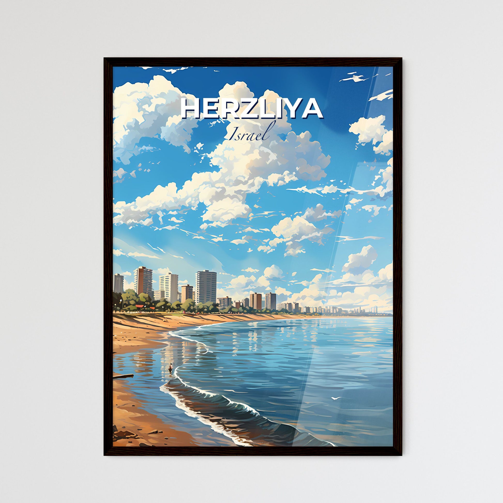 Herzliya Beach and City Panorama Cityscape Art Painting Israel Skyline Mediterranean Default Title